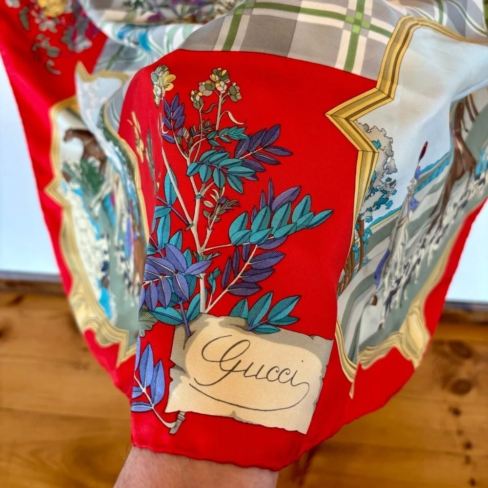 GUCCI Vintage Silk Scarf 34” Red Equestrian Hunting Print Italy